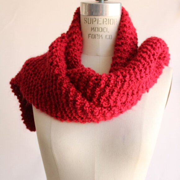 Knit Scarf, Chunky Red Boucle Yarn, "Crimson" OOAK One Of A Kind Cozy Goth Style - Picture 5 of 10